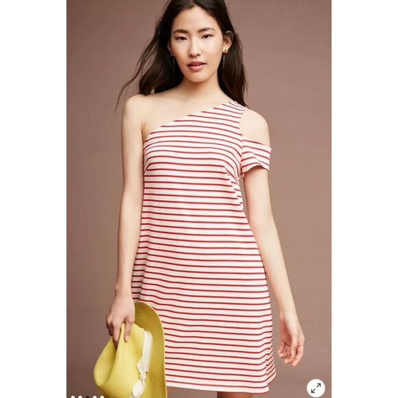 Maeve Marketa NWT Anthropologie one shoulder red striped dress sz M - Picture 1 of 13